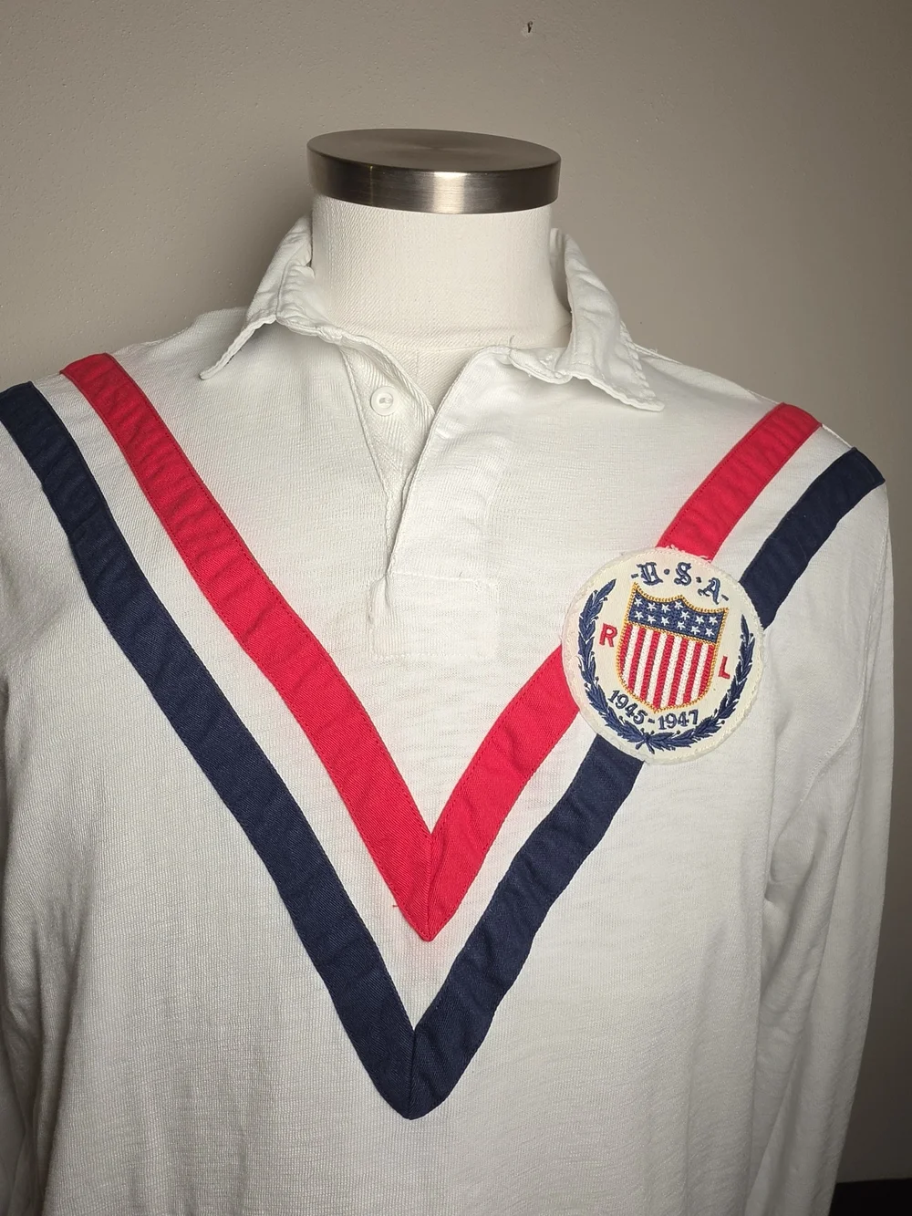 Polo by Ralph Lauren White Long-Sleeve Polo with Red & Navy V-Stripes